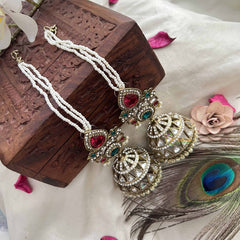 Vriksham Devika Kundan Red & Green Stone Tops With Pearl Strings & Mirror Dome Jhumka With Earchain-G20162