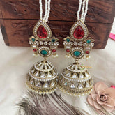 Vriksham Devika Kundan Red & Green Stone Tops With Pearl Strings & Mirror Dome Jhumka With Earchain-G20162