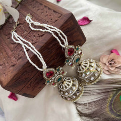 Vriksham Devika Kundan Red & Green Stone Tops With Pearl Strings & Mirror Dome Jhumka With Earchain-G20162