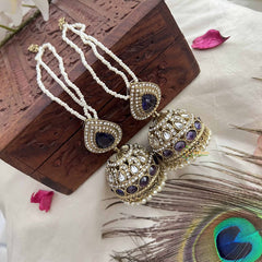 Vriksham Ira Blue Kundan Pearl String With Teardrop Stud & Dome Detailing Jhumka With Earchain-G20165