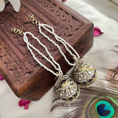 Vriksham Ira Blue Kundan Pearl String With Teardrop Stud & Dome Detailing Jhumka With Earchain-G20165