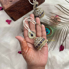 Vriksham Ira Blue Kundan Pearl String With Teardrop Stud & Dome Detailing Jhumka With Earchain-G20165