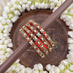 Vriksham Royal Red Heart & Floral With Antique Gold Finish Silk Thread Kundan Bangles-G20849