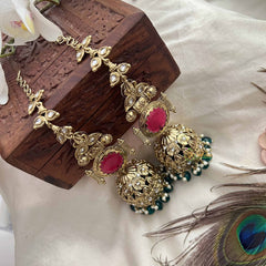 Vriksham Meera Antique Temple Red Stone Stud With Green Bead Drops Long Jhumka With Earchain-G20161