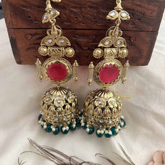 Vriksham Meera Antique Temple Red Stone Stud With Green Bead Drops Long Jhumka With Earchain-G20161