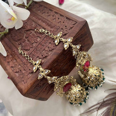 Vriksham Meera Antique Temple Red Stone Stud With Green Bead Drops Long Jhumka With Earchain-G20161