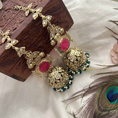 Vriksham Meera Antique Temple Red Stone Stud With Green Bead Drops Long Jhumka With Earchain-G20161