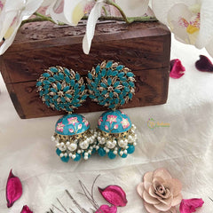 Vriksham Tortoise Meenakari Lotus Handpainted Floral Dome With Pearl & Tortoise Beads Jhumka-G20170