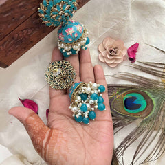 Vriksham Tortoise Meenakari Lotus Handpainted Floral Dome With Pearl & Tortoise Beads Jhumka-G20170