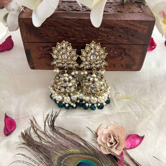 Vriksham Gold Lotus Motif Kundan With Aqua Blue Beads and Pearls Jhumka-G20136