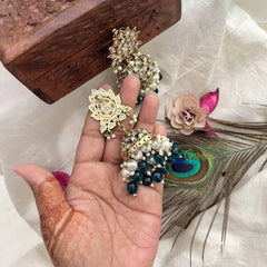 Vriksham Gold Lotus Motif Kundan With Aqua Blue Beads and Pearls Jhumka-G20136