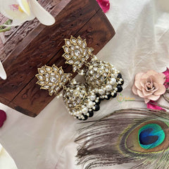 Vriksham Traditional Minakari Golden Dome With Black Beads & Pearls Jhumka-G20128