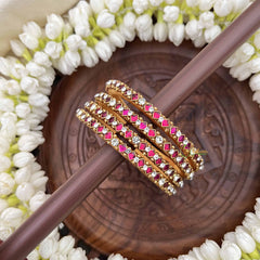 Vriksham Traditional Diagonal Pink & White Gold Enamel Silk Thread Kundan Bangles-G20854