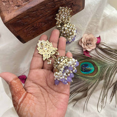 Vriksham Gold Lotus Motif Kundan With Aqua Purple Beads and Pearls Jhumka-G20135