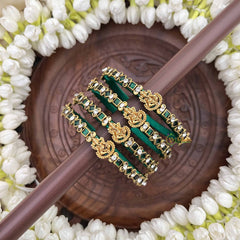 Vriksham Classic Ganesha Idol Green & White Gold Enamel Silk Thread Kundan Bangles-G20855