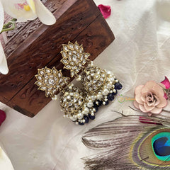 Vriksham Gold Lotus Motif Kundan With Aqua Blue Beads and Pearls Jhumka-G20134