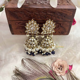 Vriksham Gold Lotus Motif Kundan With Aqua Blue Beads and Pearls Jhumka-G20134