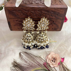 Vriksham Gold Lotus Motif Kundan With Aqua Blue Beads and Pearls Jhumka-G20134