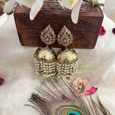 Vriksham Royal Gold Kundan Leaf Style With Golden Dome Pearl Strings Jhumka-G20139