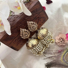 Vriksham Royal Gold Kundan Leaf Style With Golden Dome Pearl Strings Jhumka-G20139