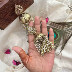 Vriksham Royal Gold Kundan Leaf Style With Golden Dome Pearl Strings Jhumka-G20139