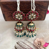 Vriksham Rajasthani Style Multi Kundan Pearl Detailing & Green Beads Jhumka With Pearl Earchain -G20138