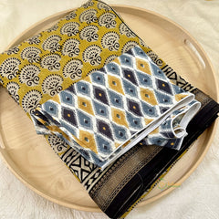 Light Mustard Yellow Maheshwari Cotton Silk Saree -Handloom Maheshwari Saree-VS3633