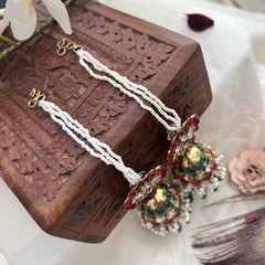 Vriksham Rajasthani Style Multi Kundan Pearl Detailing & Green Beads Jhumka With Pearl Earchain -G20138