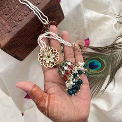 Vriksham Rajasthani Style Multi Kundan Pearl Detailing & Green Beads Jhumka With Pearl Earchain -G20138