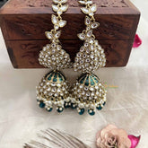 Vriksham Bridal Green Minakari Kundan With Green & White Pearls Jhumka & Earchain-G20123