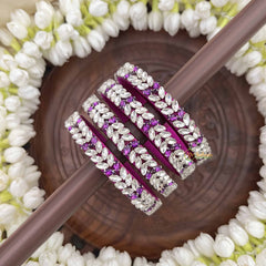 Vriksham Leaf Style Lavender & White Gold Enamel Silk Thread Kundan Bangles-G20863