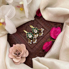 Vriksham Lotus Leaf Style Kundan Pearls Drop Jadau Bugadi-Green White-J4156