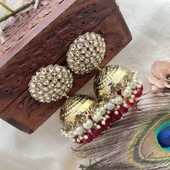 Vriksham Traditional Minakari Golden Dome With Pink Beads & Pearls Jhumka-G20129