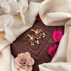 Vriksham Lotus Foral Style With Pearls Drop Kundan Jadau Bugadi-White Red-J4176