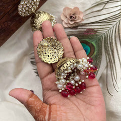 Vriksham Traditional Minakari Golden Dome With Pink Beads & Pearls Jhumka-G20129