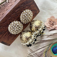 Vriksham Gold Lotus Motif Kundan With Aqua Black Beads and Pearls Jhumka-G20137