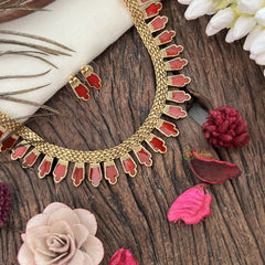 Gold Look Alike Kerala Palakka Short Neckpiece-Red-G15341
