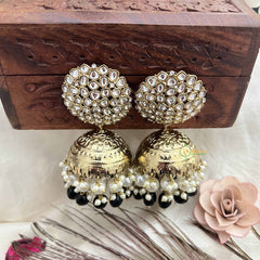 Vriksham Gold Lotus Motif Kundan With Aqua Black Beads and Pearls Jhumka-G20137