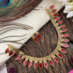 Gold Look Alike Kerala Palakka Short Neckpiece-Red-G15341