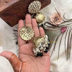 Vriksham Gold Lotus Motif Kundan With Aqua Black Beads and Pearls Jhumka-G20137