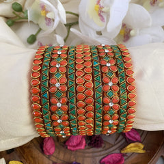 Vriksham Silk Thread Kundan Bridal Bangle-Orange & Green-G16220