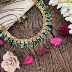 Gold Look Alike Kerala Palakka Short Neckpiece-Green-G15340