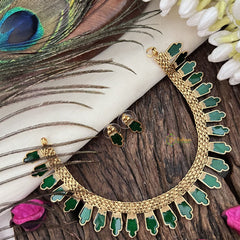 Gold Look Alike Kerala Palakka Short Neckpiece-Green-G15340
