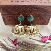 Vriksham Teardrop Green With Golden Dome & White Pearls Jhumka-G20122