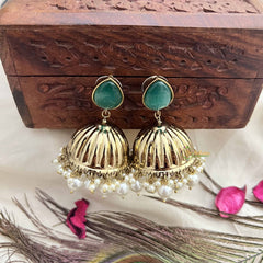 Vriksham Teardrop Green With Golden Dome & White Pearls Jhumka-G20122