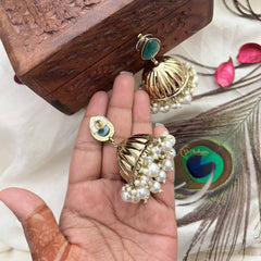 Vriksham Teardrop Green With Golden Dome & White Pearls Jhumka-G20122