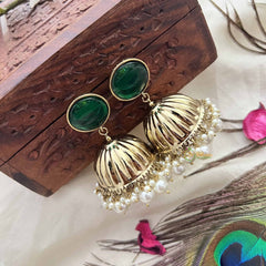 Vriksham Antique Green Circle With Golden Dome & White Pearls Jhumka-G20169