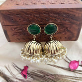 Vriksham Antique Green Circle With Golden Dome & White Pearls Jhumka-G20169