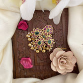 Vriksham Unique Floral AD Stone Saree Pin-Red Green-Gold Bead-G17301