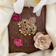 Vriksham Unique Floral AD Stone Saree Pin-Red Green-Gold Bead-G17301